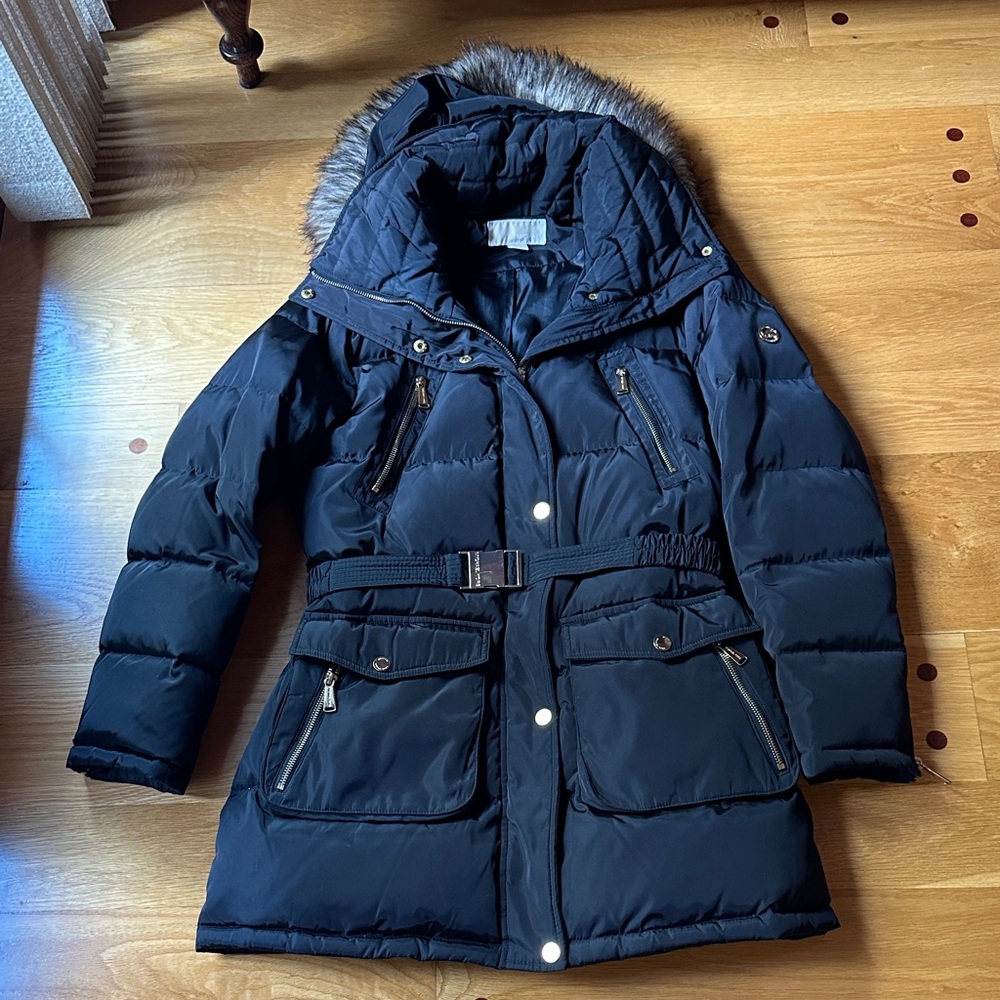 MICHAEL Michael Kors Navy Puffer Coat with Fur Hood